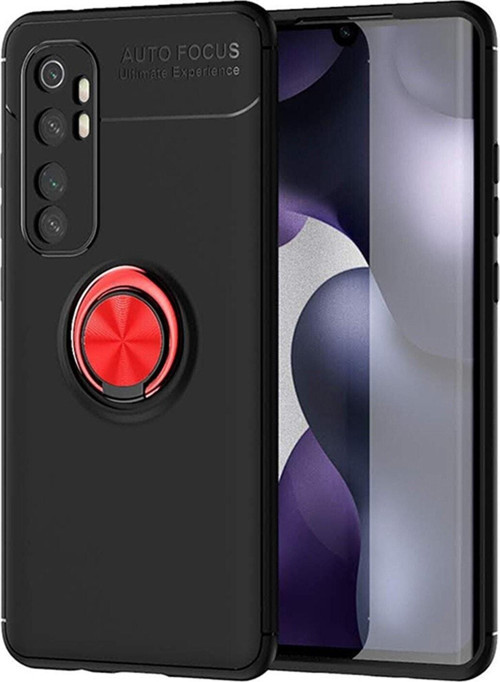 Xiaomi Mi Note 10 Lite Kılıf Renkli Yüzüklü Manyetik Silikon Kapak Siyah - Kırmızı
