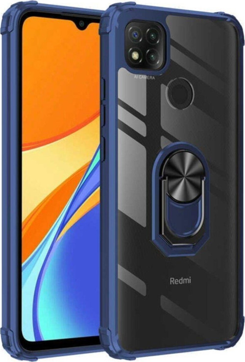 Xiaomi Redmi 9C Kapak Şeffaf Yüzüklü Kenar Korumalı Standlı Kılıf - Lacivert