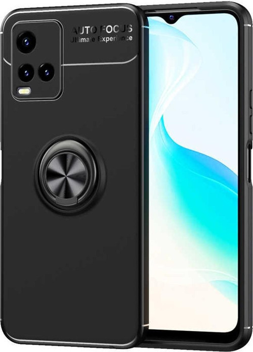 Vivo Y21S Kılıf Renkli Yüzüklü Manyetik Silikon Kapak Siyah - Siyah
