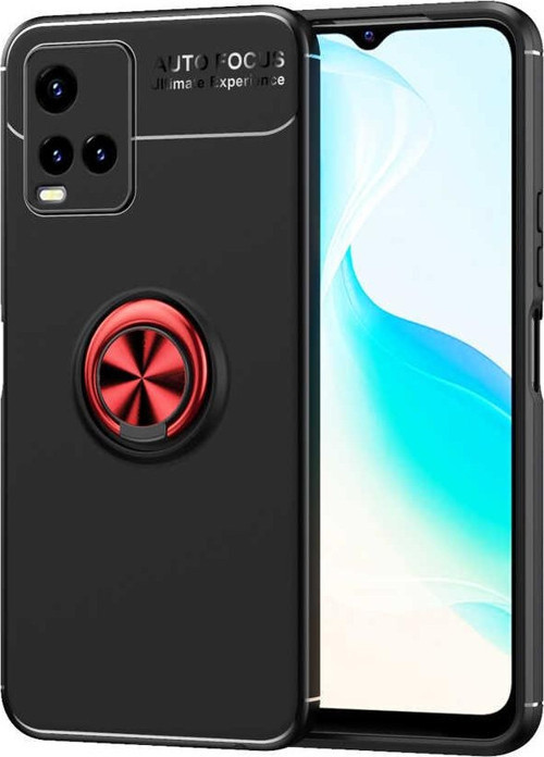 Vivo Y32 Kılıf Renkli Yüzüklü Manyetik Silikon Kapak Siyah - Kırmızı
