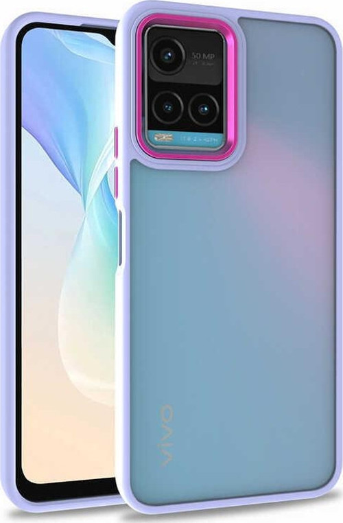 Vivo Y33S Kapak Metal Kamera Korumalı Arkası Şeffaf Silikon Kılıf - Lila
