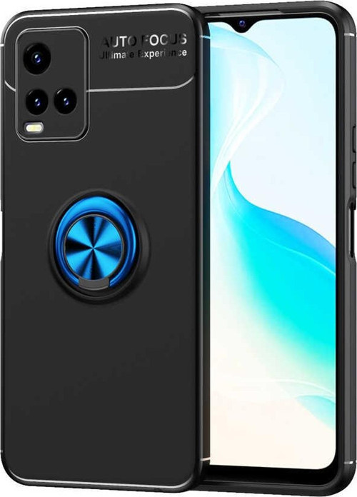 Vivo Y33S Kılıf Renkli Yüzüklü Manyetik Silikon Kapak Siyah - Mavi