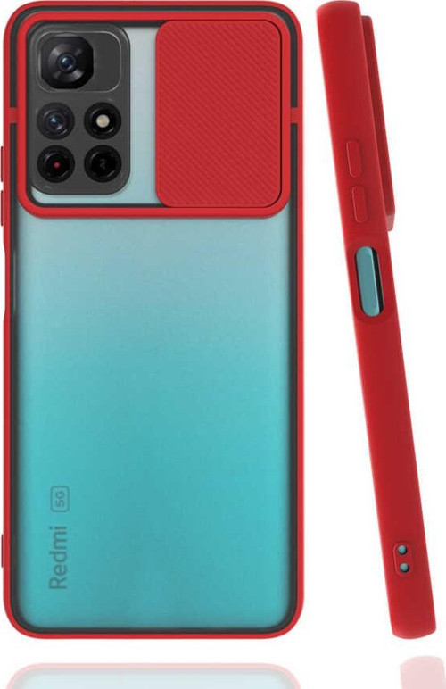 Xiaomi Poco M4 Pro Kapak Lensi Açılır Kapanır Kamera Korumalı Kılıf - Kırmızı