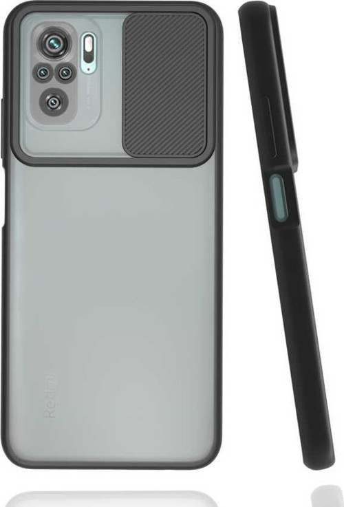 Xiaomi Redmi Note 10 Kapak Lensi Açılır Kapanır Kamera Korumalı Silikon Kılıf - Siyah