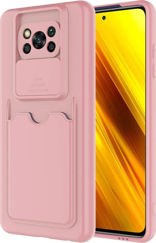 Xiaomi Poco X3 Kapak Lensi Açılır Kapanır Kamera Korumalı Kartvizitli Silikon Kılıf - Pudra