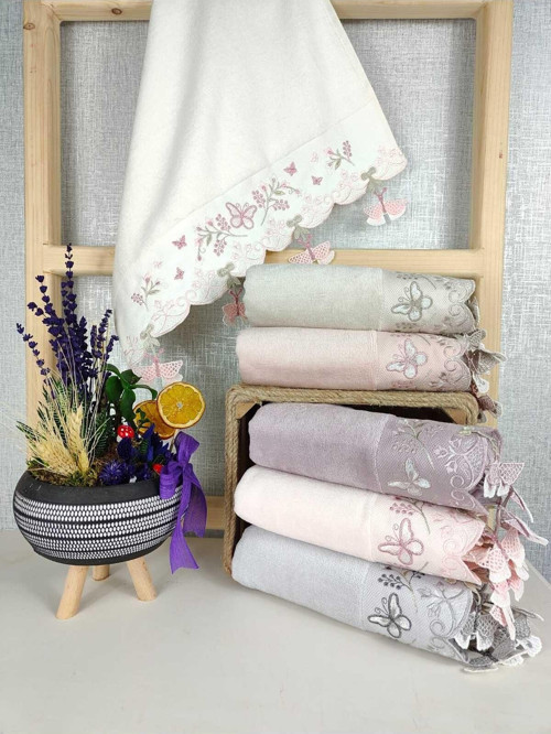 (6'Lı Set) 30X50 Cm. Çeyizlik Kadife Saray Nakışlı Küpeli Dantelli Lüks El Ve Mutfak Havlu Seti