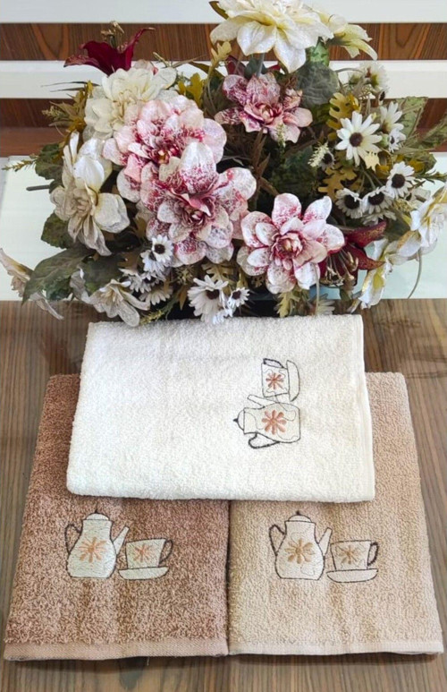 ( 3'Lü Set ) Çeyizlik 30X50 Cm. Mutfak Havlu Seti Yeni Trend Çaydanlık Fincan Nakışlı