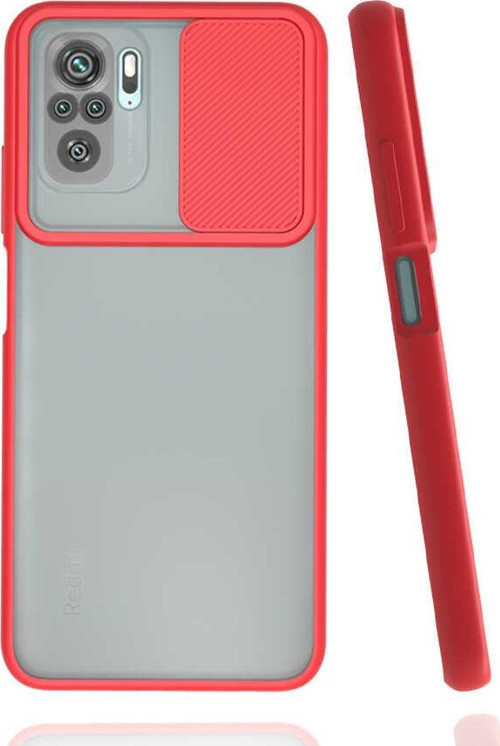 Xiaomi Redmi Note 10S Kapak Lensi Açılır Kapanır Kamera Korumalı Silikon Kılıf - Kırmızı