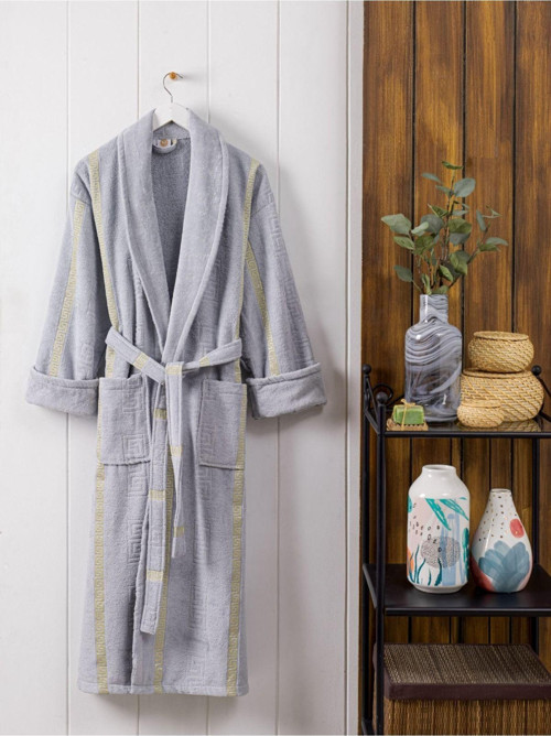 Naturel %100 Cotton İhraç Ürünü Lüx Şeritli Şal Yaka Greek Kadife Erkek Bornozu