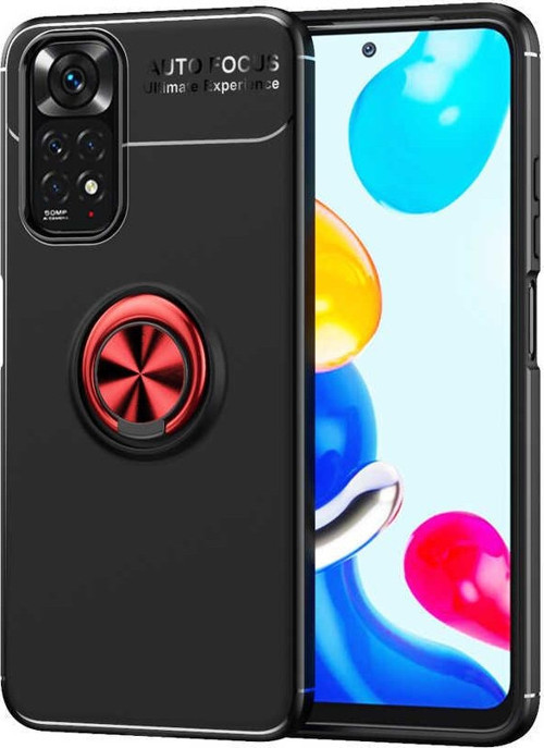 Xiaomi Redmi Note 11 Kılıf Renkli Yüzüklü Manyetik Silikon Kapak Siyah - Kırmızı