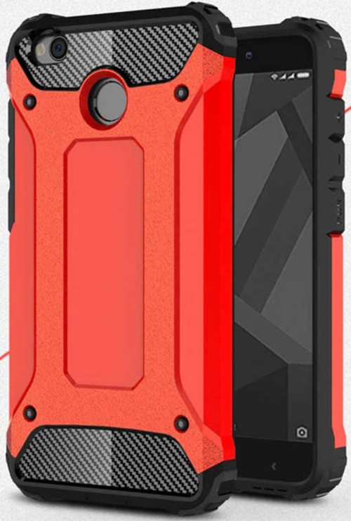 Xiaomi Redmi 4X Kapak Çift Katmanlı Zırh Tank Kılıf - Kırmızı