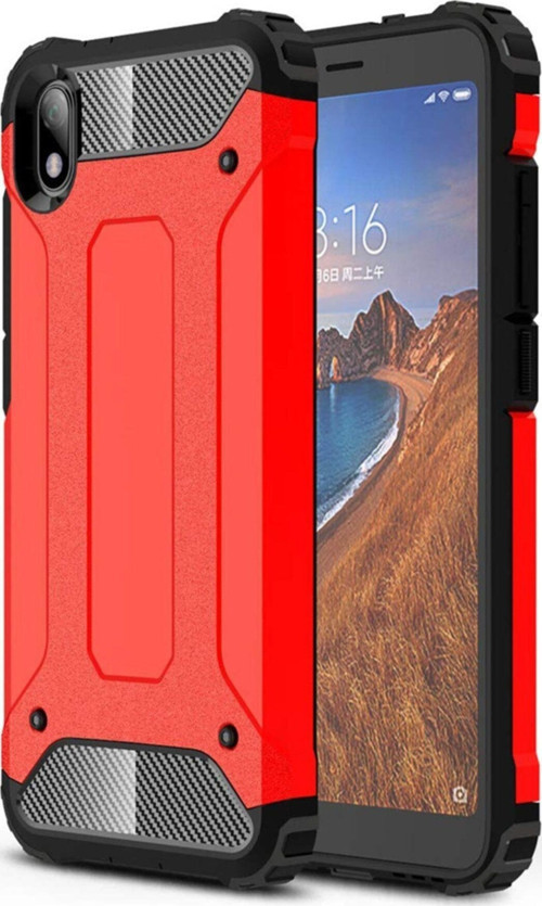 Xiaomi Redmi 7A Kapak Çift Katmanlı Zırh Tank Kılıf - Kırmızı