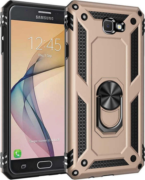 Samsung Galaxy J7 Prime Kapak Yüzüklü Stantlı Panzer Tank Kılıf - Gold
