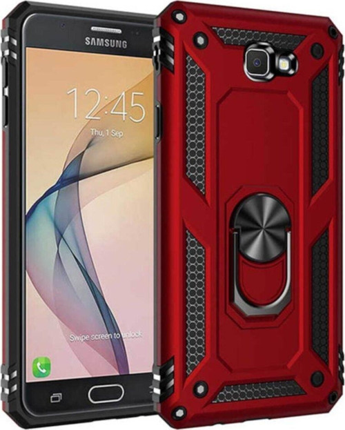 Samsung Galaxy J7 Prime Kapak Yüzüklü Stantlı Panzer Tank Kılıf - Kırmızı