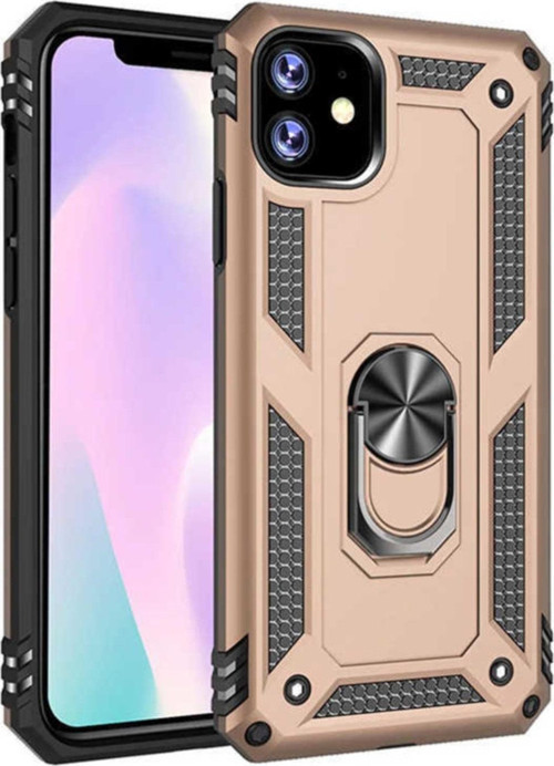 Apple iPhone 11 Kapak Yüzüklü Stantlı Panzer Tank Kılıf - Gold