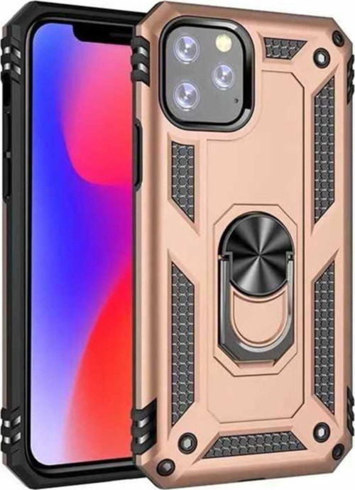 Apple iPhone 11 Pro Max Kapak Yüzüklü Stantlı Panzer Tank Kılıf - Gold