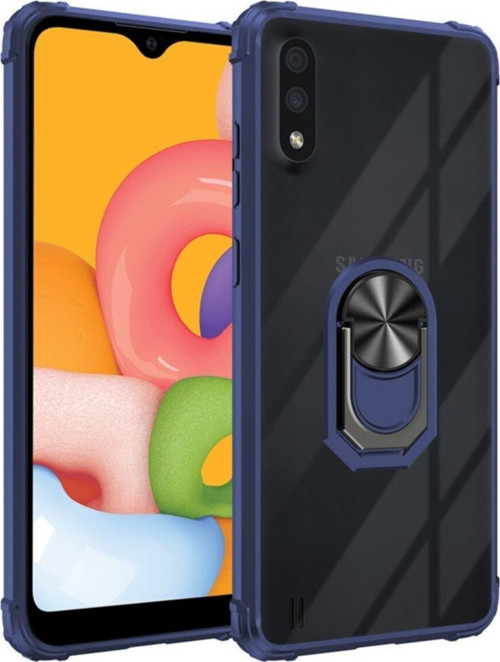 Samsung Galaxy A01 Kapak Şeffaf Yüzüklü Kenar Korumalı Standlı Kılıf - Lacivert