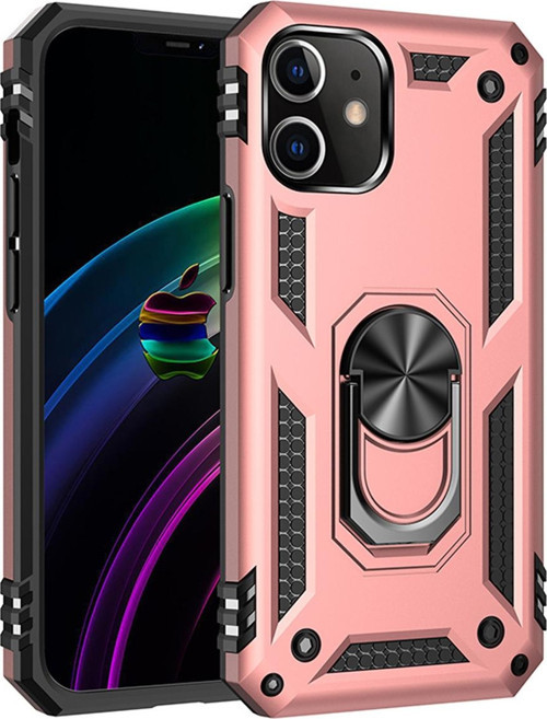Apple iPhone 12 Mini Kapak Yüzüklü Stantlı Panzer Tank Kılıf - Rose Gold