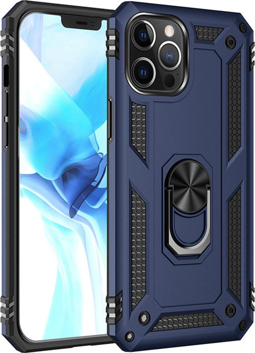 Apple iPhone 12 Pro Max Kapak Yüzüklü Stantlı Panzer Tank Kılıf - Lacivert