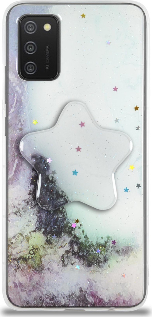 Samsung Galaxy A02S Kapak Mermer Desenli Pop Socketli Silikon Kılıf - Beyaz