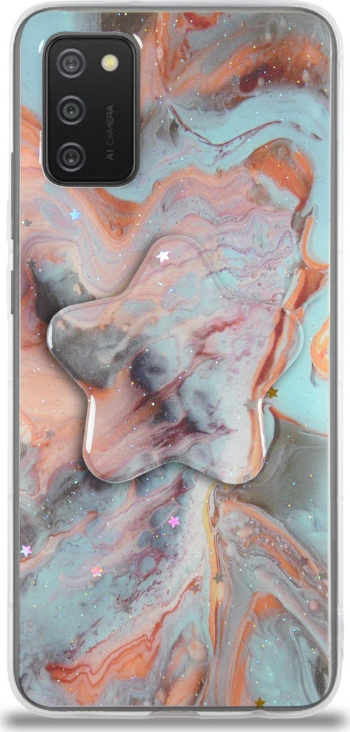 Samsung Galaxy A02S Kapak Mermer Desenli Pop Socketli Silikon Kılıf - Mercan
