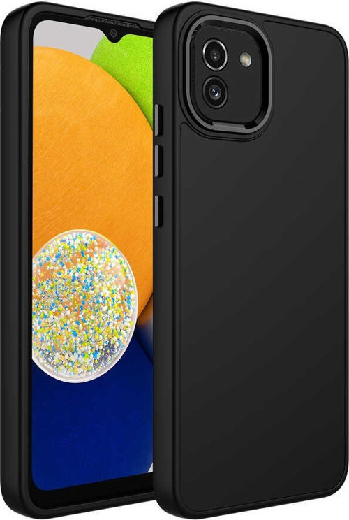 Samsung Galaxy A03 Kapak Renkli Metal Kamera Çerçeveli Class İçi Kadife Lasnman Kılıf - Siyah