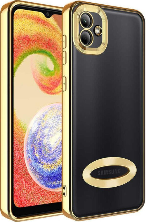 Samsung Galaxy A03 Kapak Yanları Renkli Lens Korumalı Logo Gösteren Luxury Silikon Kılıf - Gold