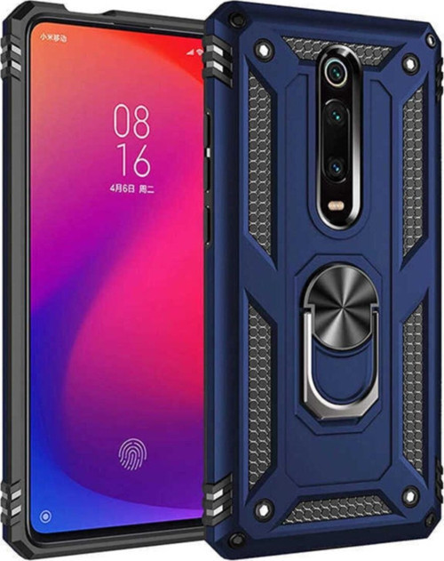 Xiaomi Mi 9t Kapak Yüzüklü Stantlı Panzer Tank Kılıf - Lacivert