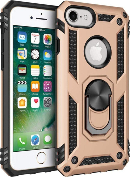 Apple iPhone 8 Kapak Yüzüklü Stantlı Panzer Tank Kılıf - Gold