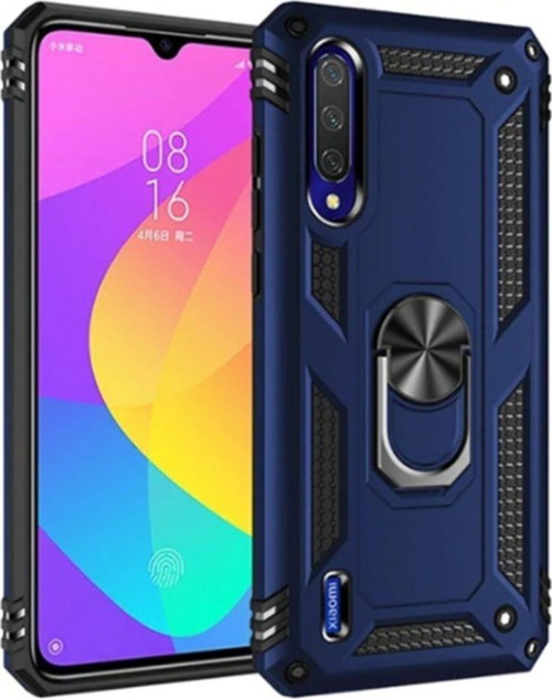 Xiaomi Mi A3 Kapak Yüzüklü Stantlı Panzer Tank Kılıf - Lacivert