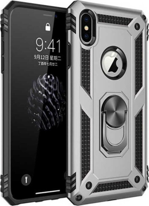 Apple iPhone X Kapak Yüzüklü Stantlı Panzer Tank Kılıf - Gri
