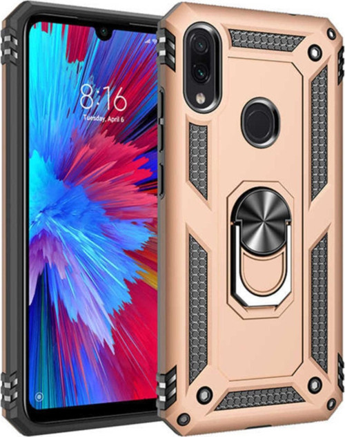 Xiaomi Redmi Note 7 Kapak Yüzüklü Stantlı Panzer Tank Kılıf - Gold