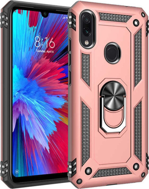 Xiaomi Redmi Note 7 Kapak Yüzüklü Stantlı Panzer Tank Kılıf - Rose Gold