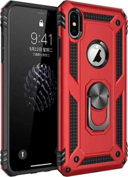 Apple iPhone Xs Kapak Yüzüklü Stantlı Panzer Tank Kılıf - Kırmızı