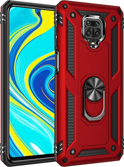 Xiaomi Redmi Note 9 Kapak Yüzüklü Stantlı Panzer Tank Kılıf - Kırmızı
