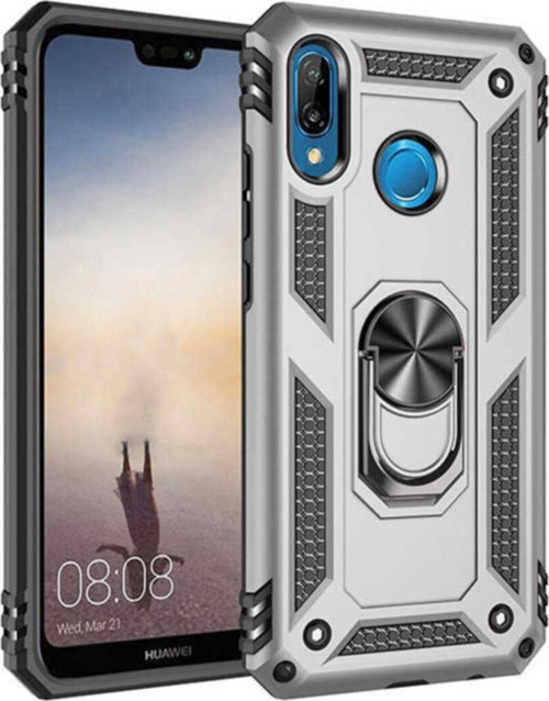 Huawei P20 Lite Kapak Yüzüklü Stantlı Panzer Tank Kılıf - Gri
