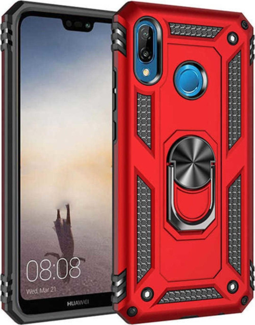 Huawei P20 Lite Kapak Yüzüklü Stantlı Panzer Tank Kılıf - Kırmızı