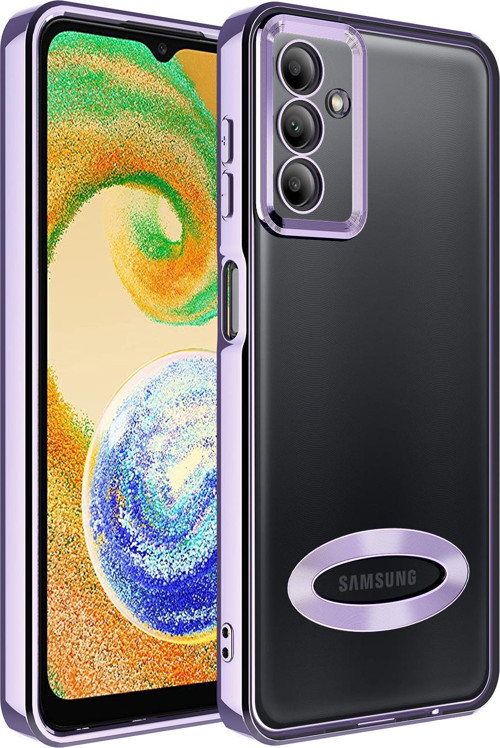 Samsung Galaxy A04S Kapak Yanları Renkli Lens Korumalı Logo Gösteren Luxury Silikon Kılıf - Lila