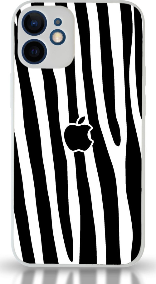 Apple iPhone 12 Mini Uyumlu Kamera Korumalı Cam Kapak - Beyaz Zebra Desenli