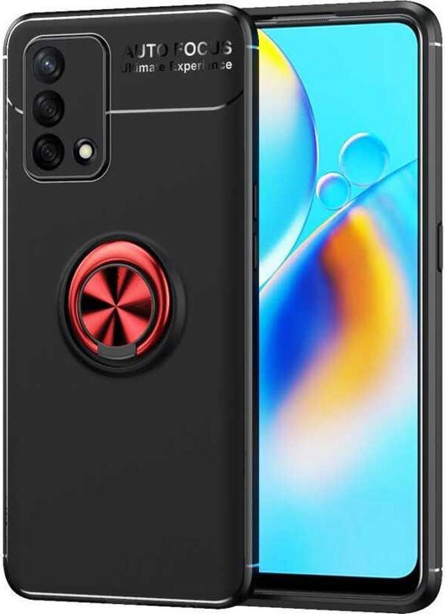 Oppo A74 4G Kılıf Renkli Yüzüklü Manyetik Silikon Kapak Siyah - Kırmızı