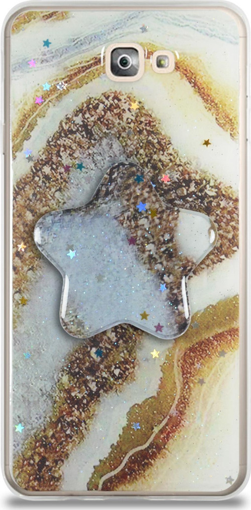 Samsung Galaxy J7 Prime Kapak Mermer Desenli Pop Socketli Silikon Kılıf - Gold