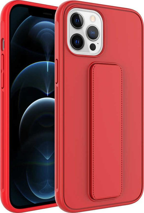 Apple iPhone 12 Pro Max Kapak Standlı El Tutacaklı Silikon Kılıf - Kırmızı