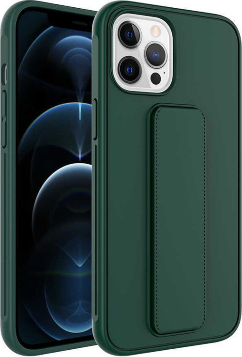 Apple iPhone 12 Pro Max Kapak Standlı El Tutacaklı Silikon Kılıf - Koyu Yeşil