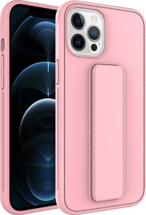 Apple iPhone 12 Pro Max Kapak Standlı El Tutacaklı Silikon Kılıf - Pembe