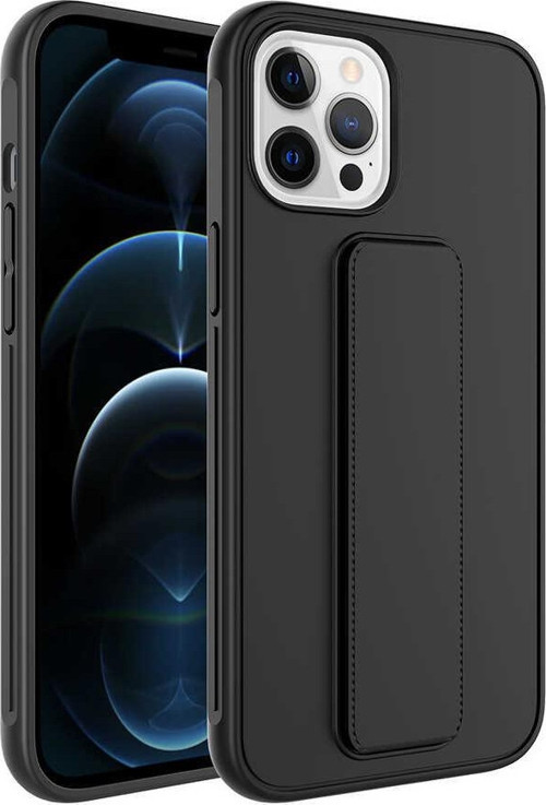 Apple iPhone 12 Pro Max Kapak Standlı El Tutacaklı Silikon Kılıf - Siyah