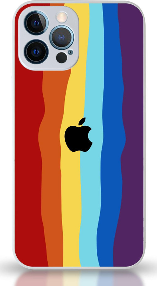 Apple iPhone 12 Pro Max Uyumlu Kamera Korumalı Cam Kapak - Beyaz Gökkuşağı Desenli
