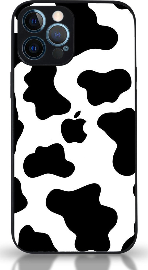 Apple iPhone 12 Pro Max Uyumlu Kamera Korumalı Cam Kapak - Siyah İnek Desenli