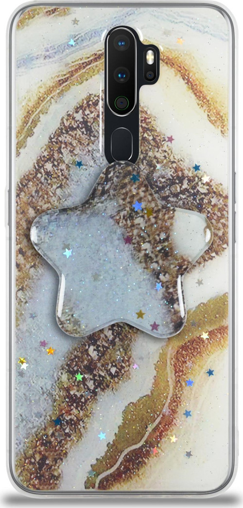 Oppo A9 2020 Kapak Mermer Desenli Pop Socketli Silikon Kılıf - Gold