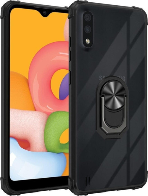 Samsung Galaxy M01 Kapak Şeffaf Yüzüklü Kenar Korumalı Standlı Kılıf - Siyah