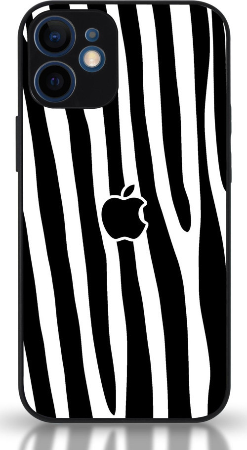 Apple iPhone 12 Uyumlu Kılıf Logolu Kamera Korumalı Cam ile uyumlu - Siyah Zebra Desenli
